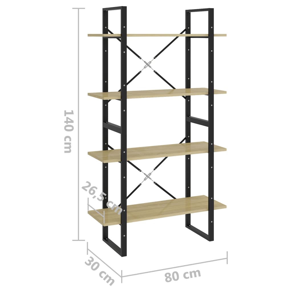 bogreol med 4 hylder 80x30x140 cm konstrueret træ sonoma-eg