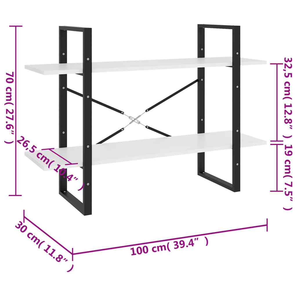 bogreol med 2 hylder 100x30x70 cm konstrueret træ hvid
