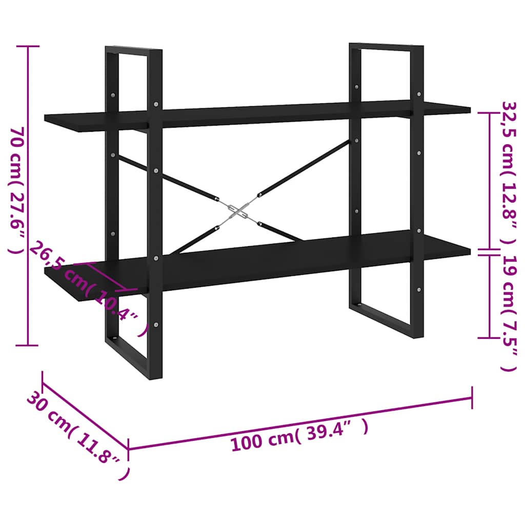 bogreol med 2 hylder 100x30x70 cm konstrueret træ sort