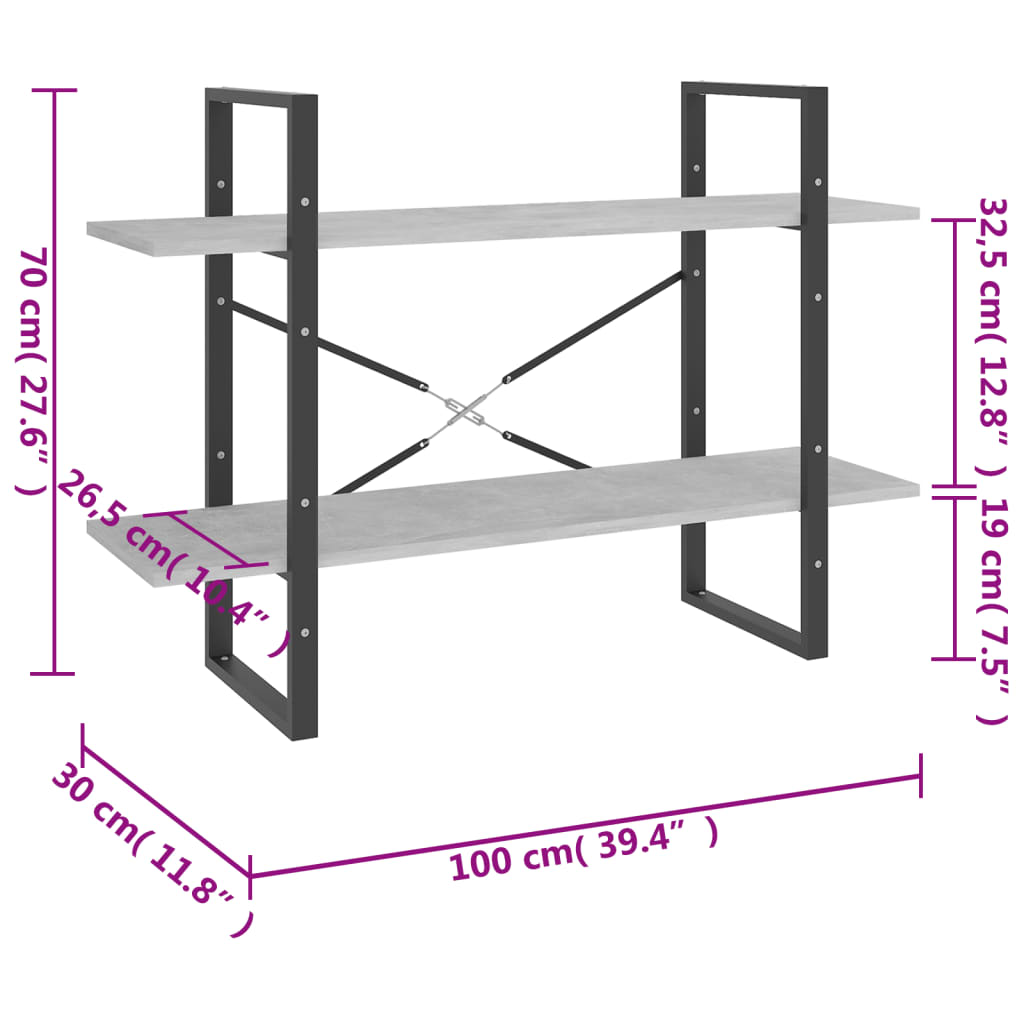 bogreol med 2 hylder 100x30x70 cm konstrueret træ betongrå