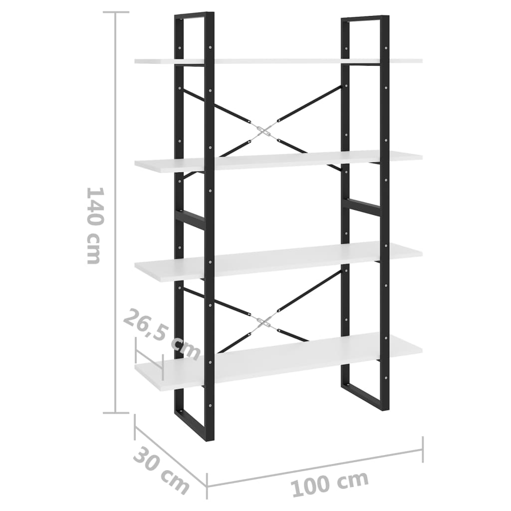 bogreol med 4 hylder 100x30x140 cm konstrueret træ hvid