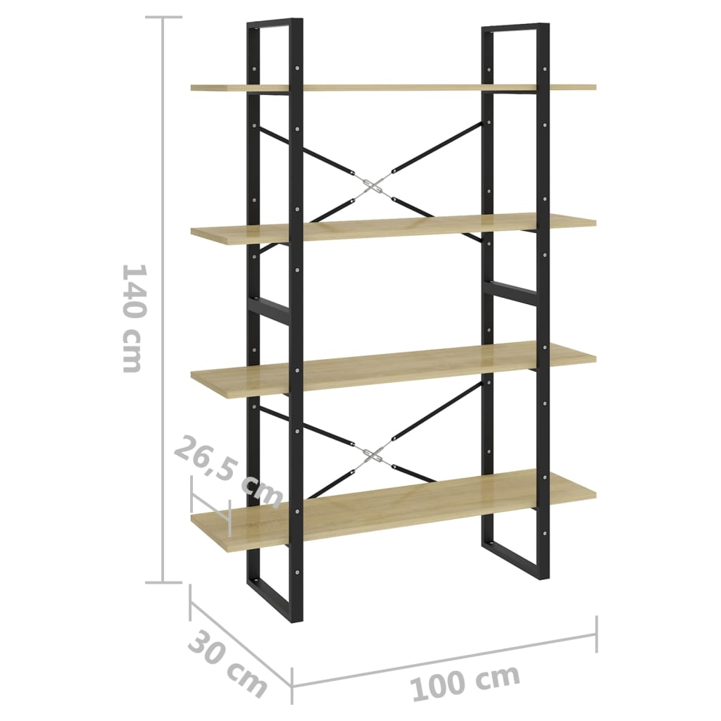 bogreol med 4 hylder 100x30x140 cm konstrueret træ sonoma-eg