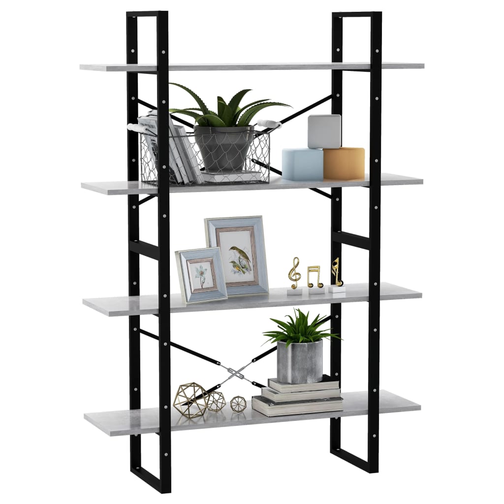 bogreol med 4 hylder 100x30x140 cm konstrueret træ betongrå