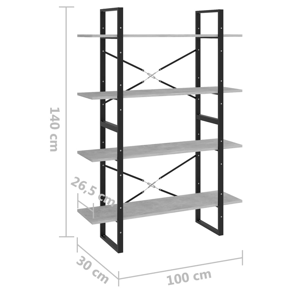 bogreol med 4 hylder 100x30x140 cm konstrueret træ betongrå