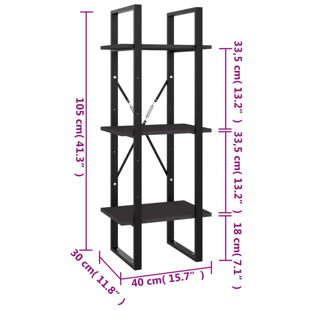 bogreol med 3 hylder 40x30x105 cm konstrueret træ grå