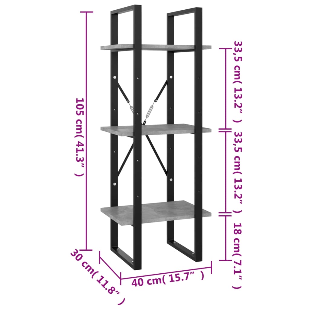 bogreol med 3 hylder 40x30x105 cm konstrueret træ betongrå