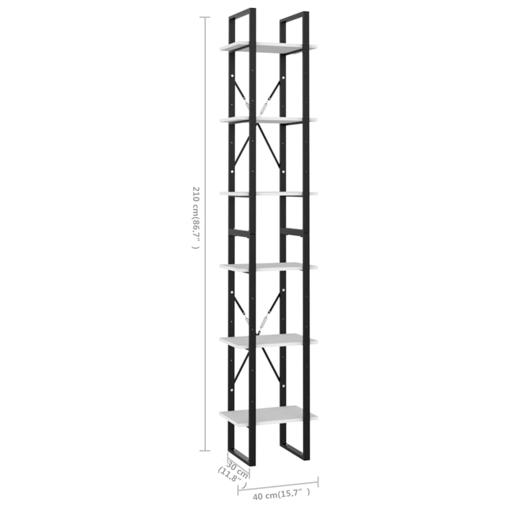 bogreol med 6 hylder 40x30x210 cm konstrueret træ hvid