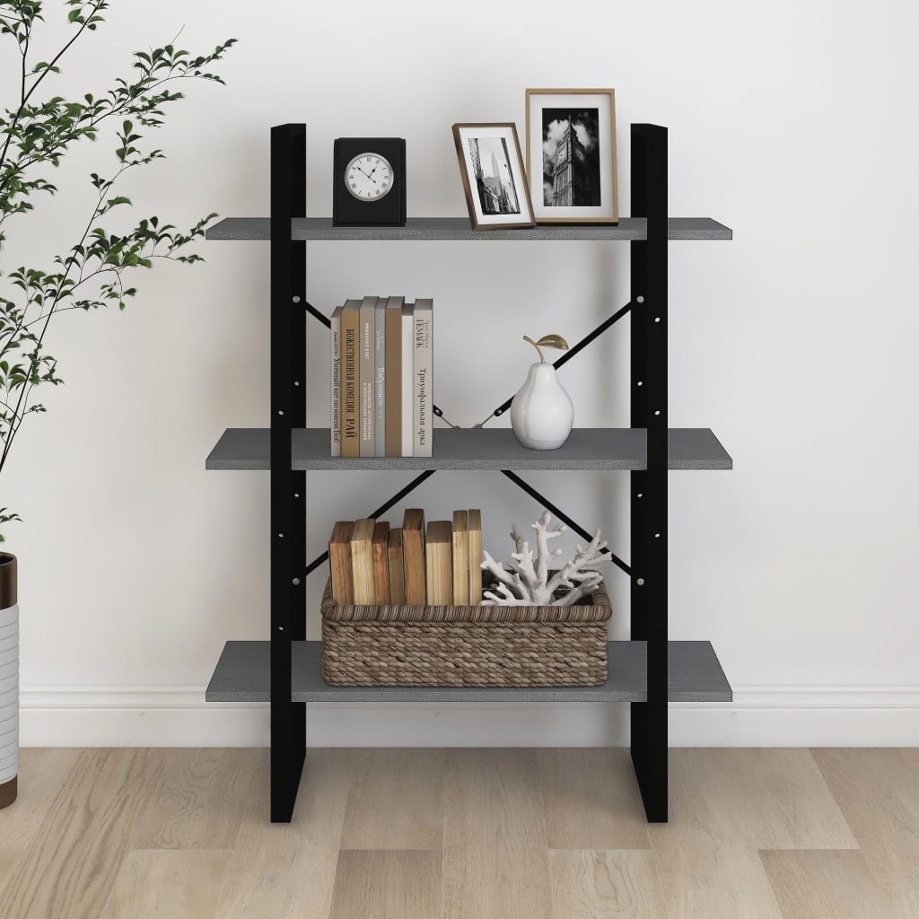 bogreol med 3 hylder 80x30x105 cm massivt fyrretræ grå