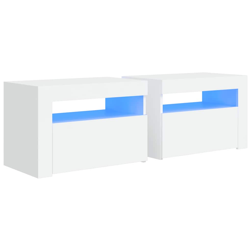 sengeborde med LED-lys 2 stk. 60x35x40 cm hvid