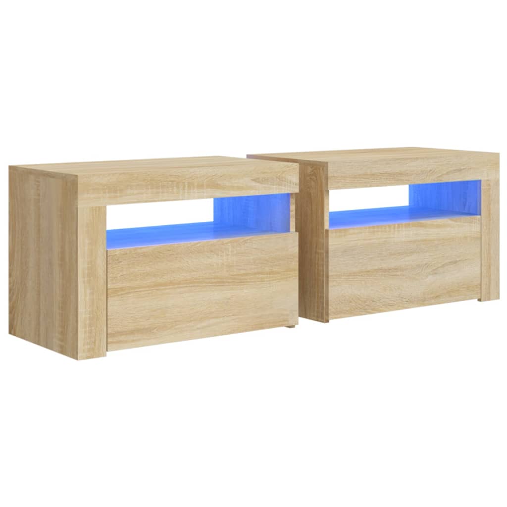 sengeborde med LED-lys 2 stk. 60x35x40 cm sonoma-eg