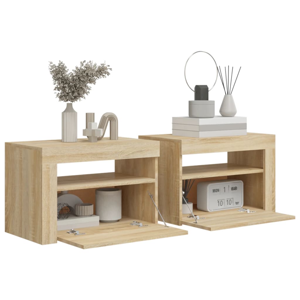 sengeborde med LED-lys 2 stk. 60x35x40 cm sonoma-eg