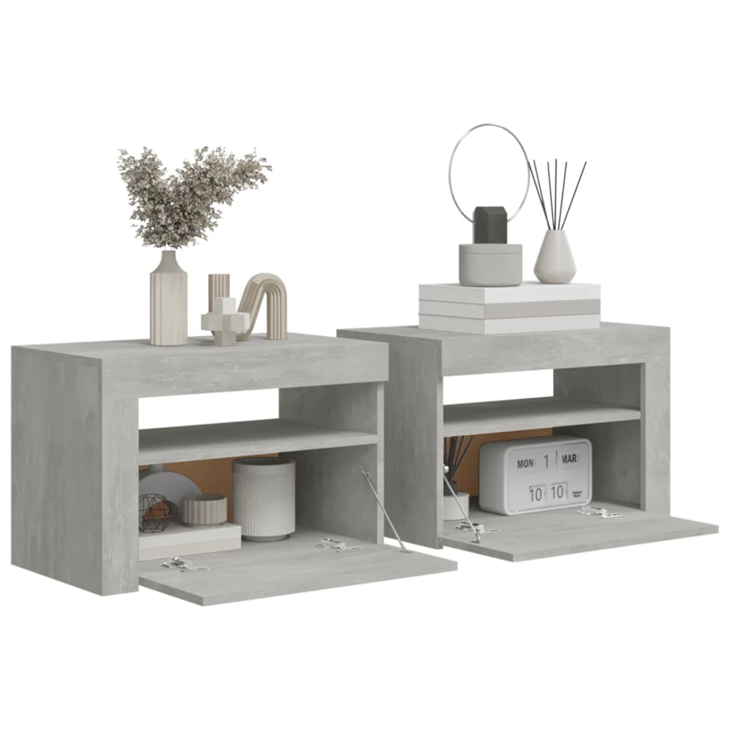 sengeborde med LED-lys 2 stk. 60x35x40 cm betongrå