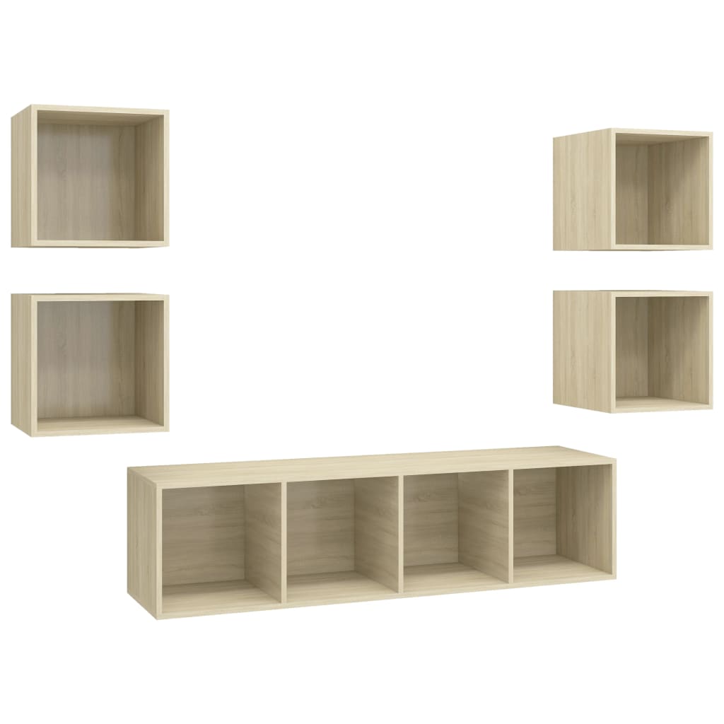 tv-skabssæt 5 dele konstrueret træ hvid og sonoma-eg