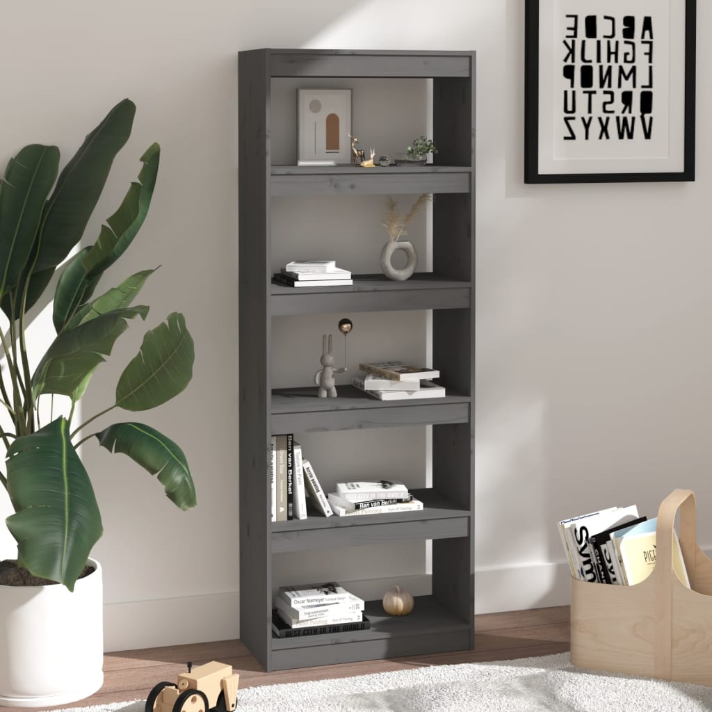 bogreol/rumdeler 60x30x167,5 cm massivt fyrretræ grå