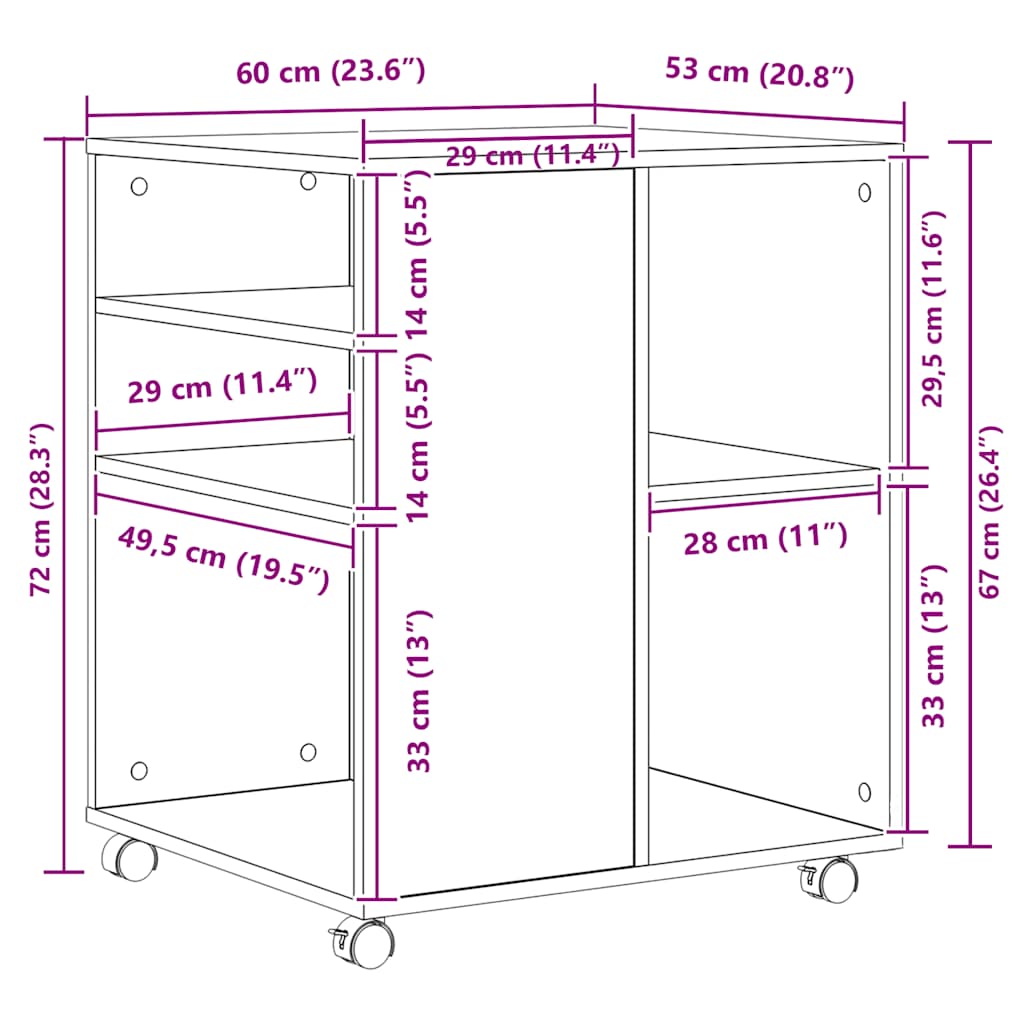 skab med hjul 60x53x72 cm konstrueret træ sonoma-eg