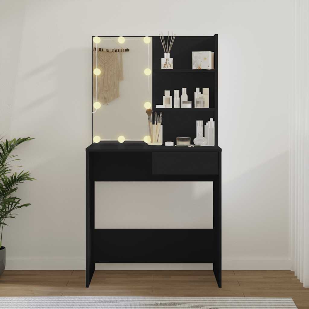 makeupbord med LED-lys 74,5x40x141 cm sort