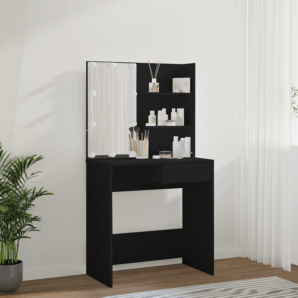 makeupbord med LED-lys 74,5x40x141 cm sort