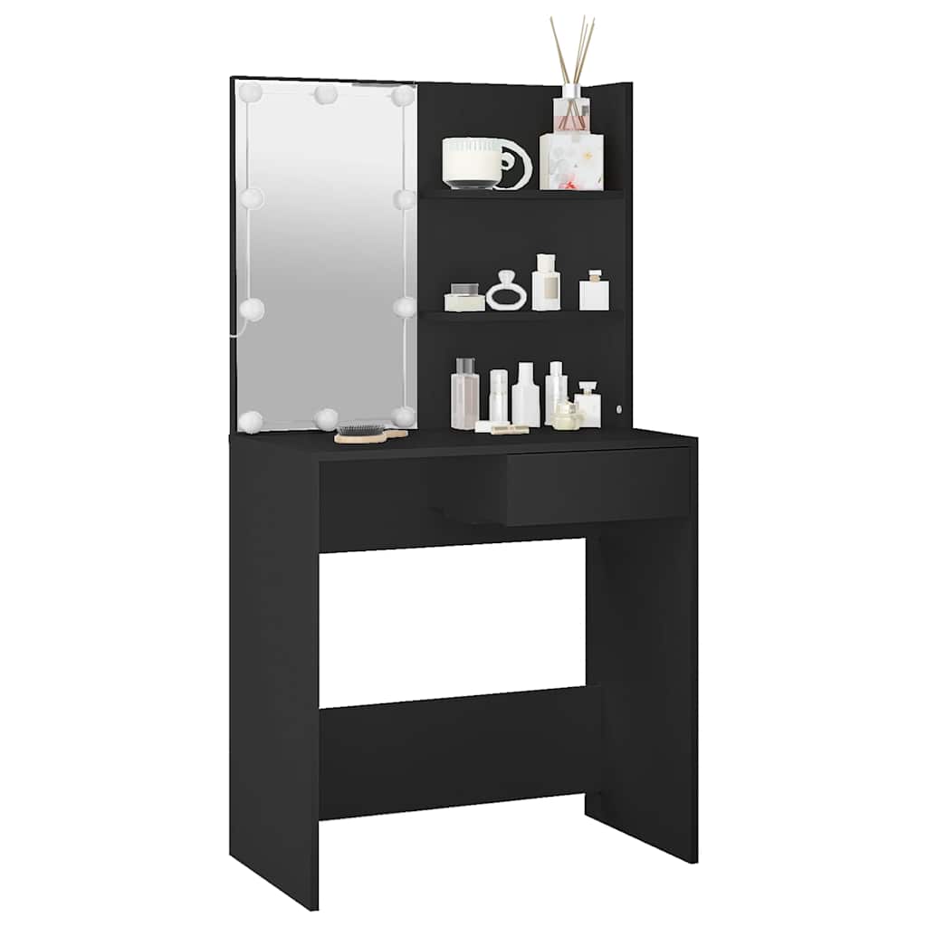 makeupbord med LED-lys 74,5x40x141 cm sort