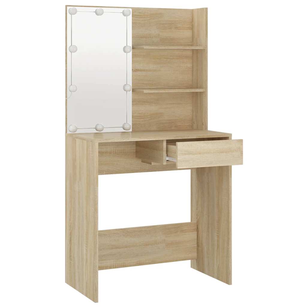 makeupbord med LED-lys 74,5x40x141 cm konstrueret træ sonoma-eg