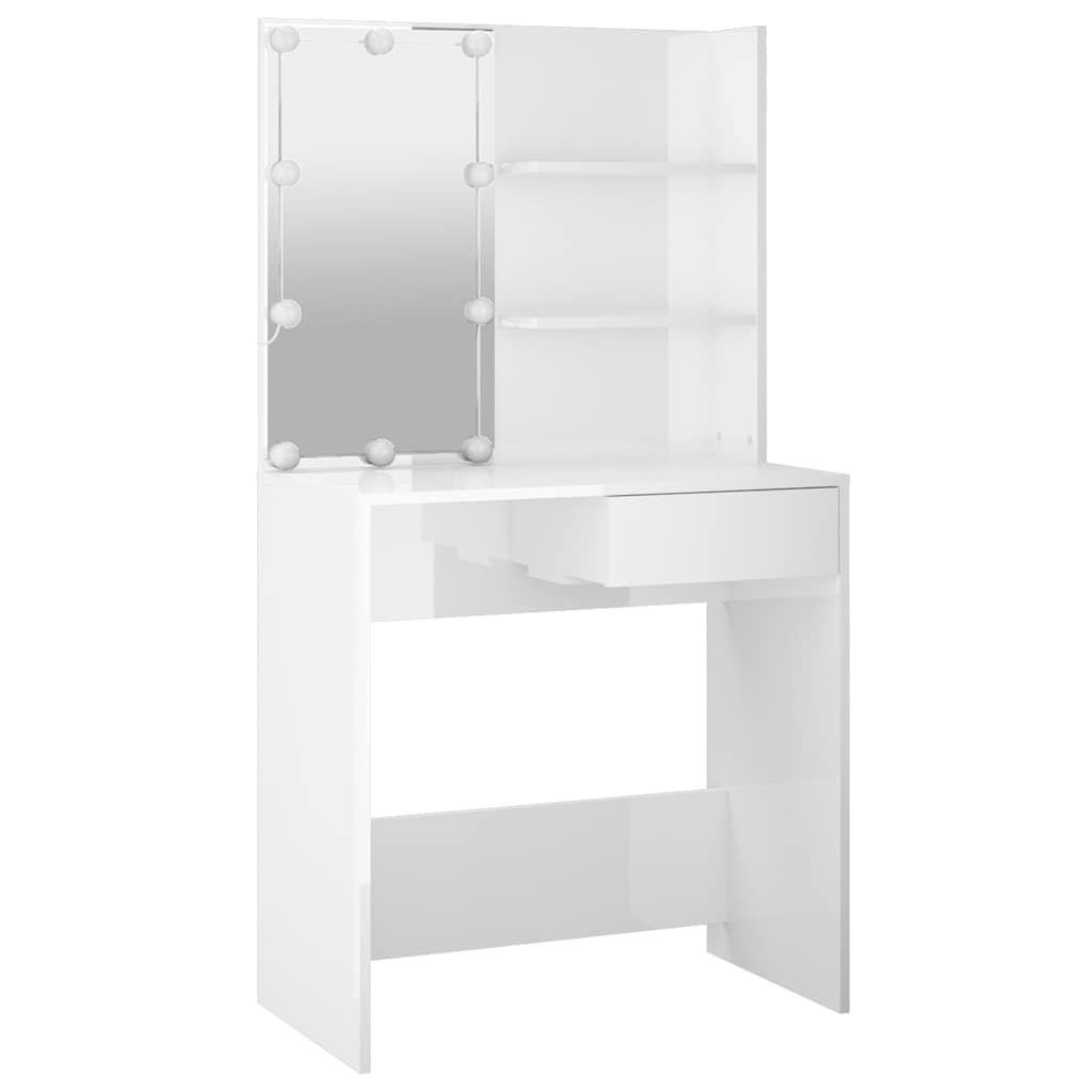 makeupbord med LED-lys 74,5x40x141 cm hvid højglans