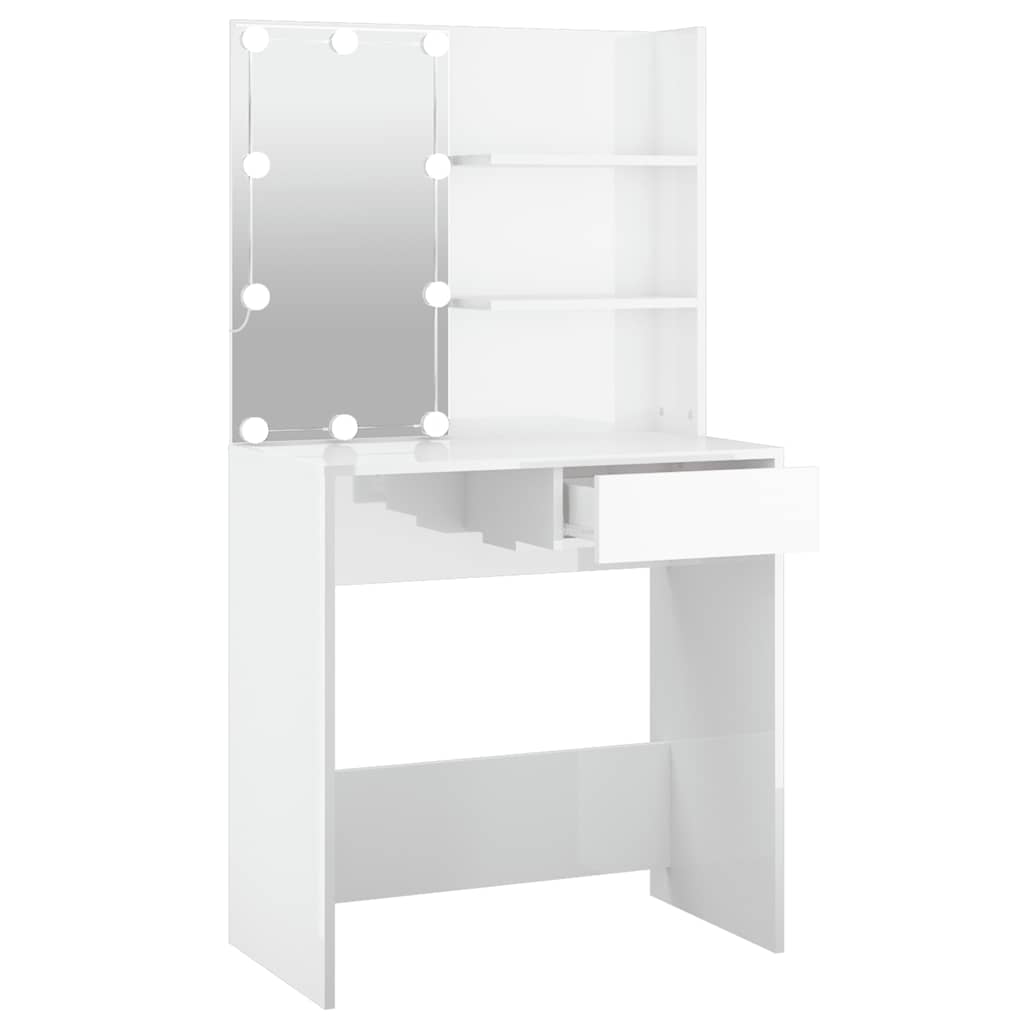 makeupbord med LED-lys 74,5x40x141 cm hvid højglans