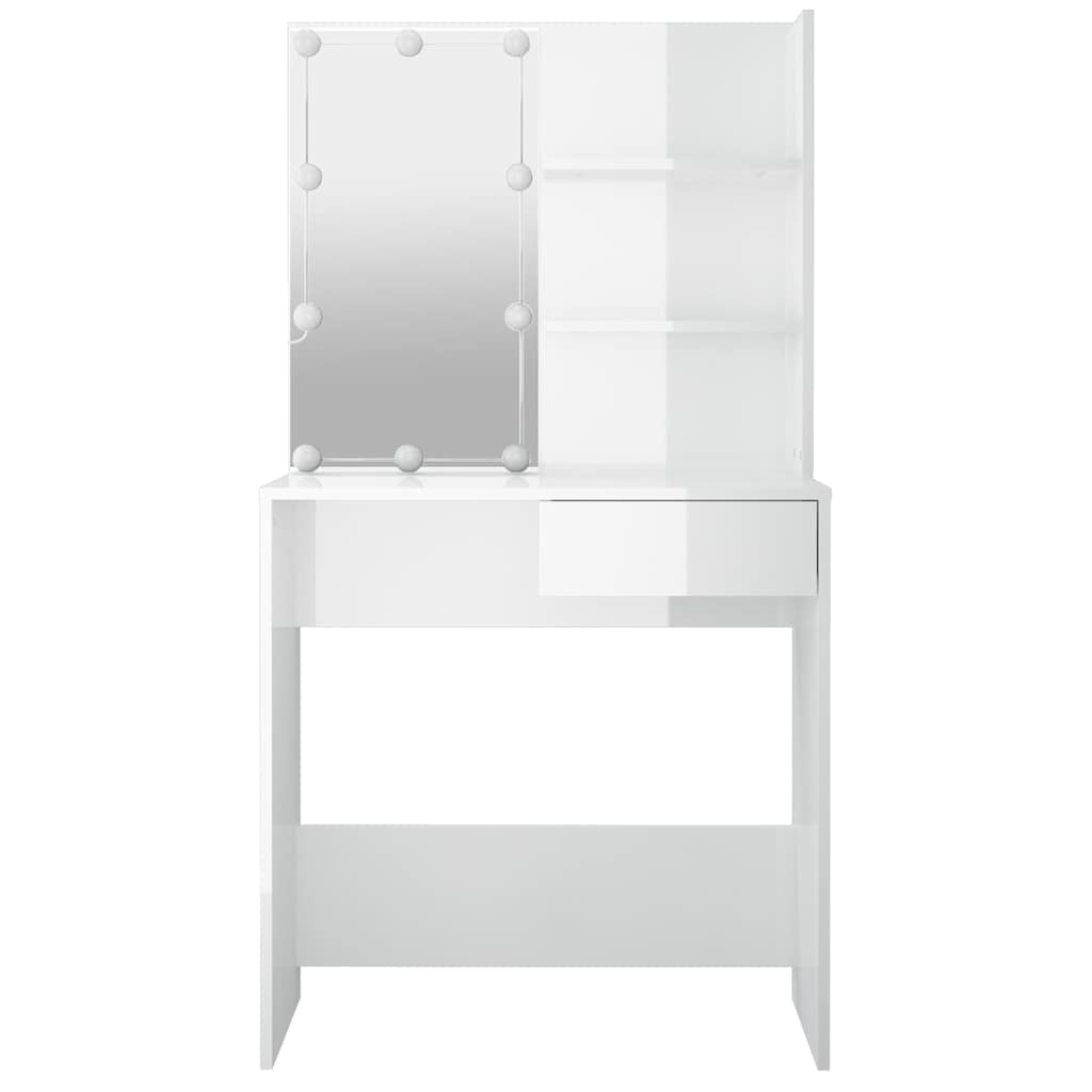makeupbord med LED-lys 74,5x40x141 cm hvid højglans