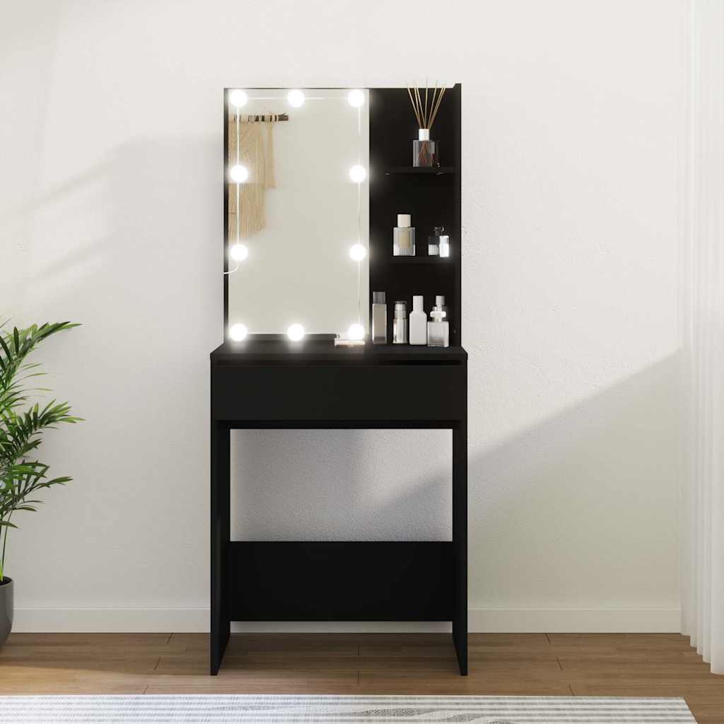 makeupbord med LED-lys 60x40x140 cm sort