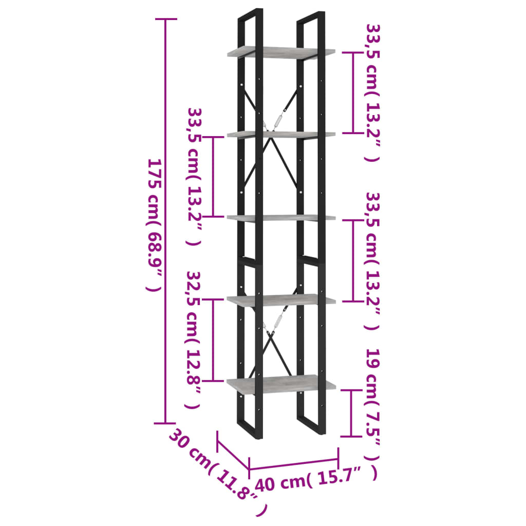 bogreol 5 hylder 40x30x175 cm konstrueret træ betongrå