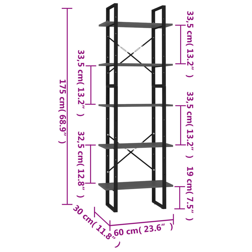 bogreol med 5 hylder 60x30x175 cm konstrueret træ grå
