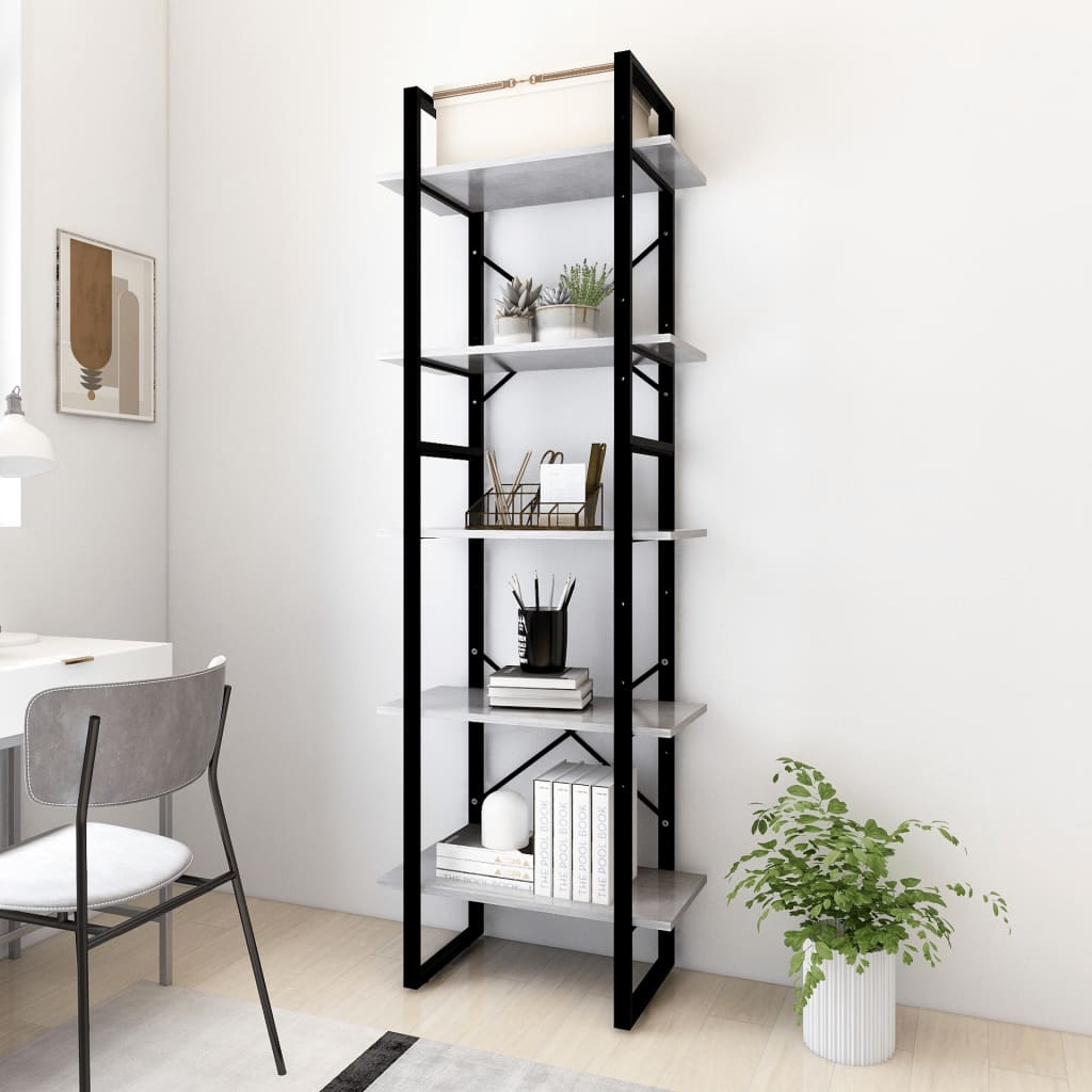 bogreol med 5 hylder 60x30x175 cm konstrueret træ betongrå