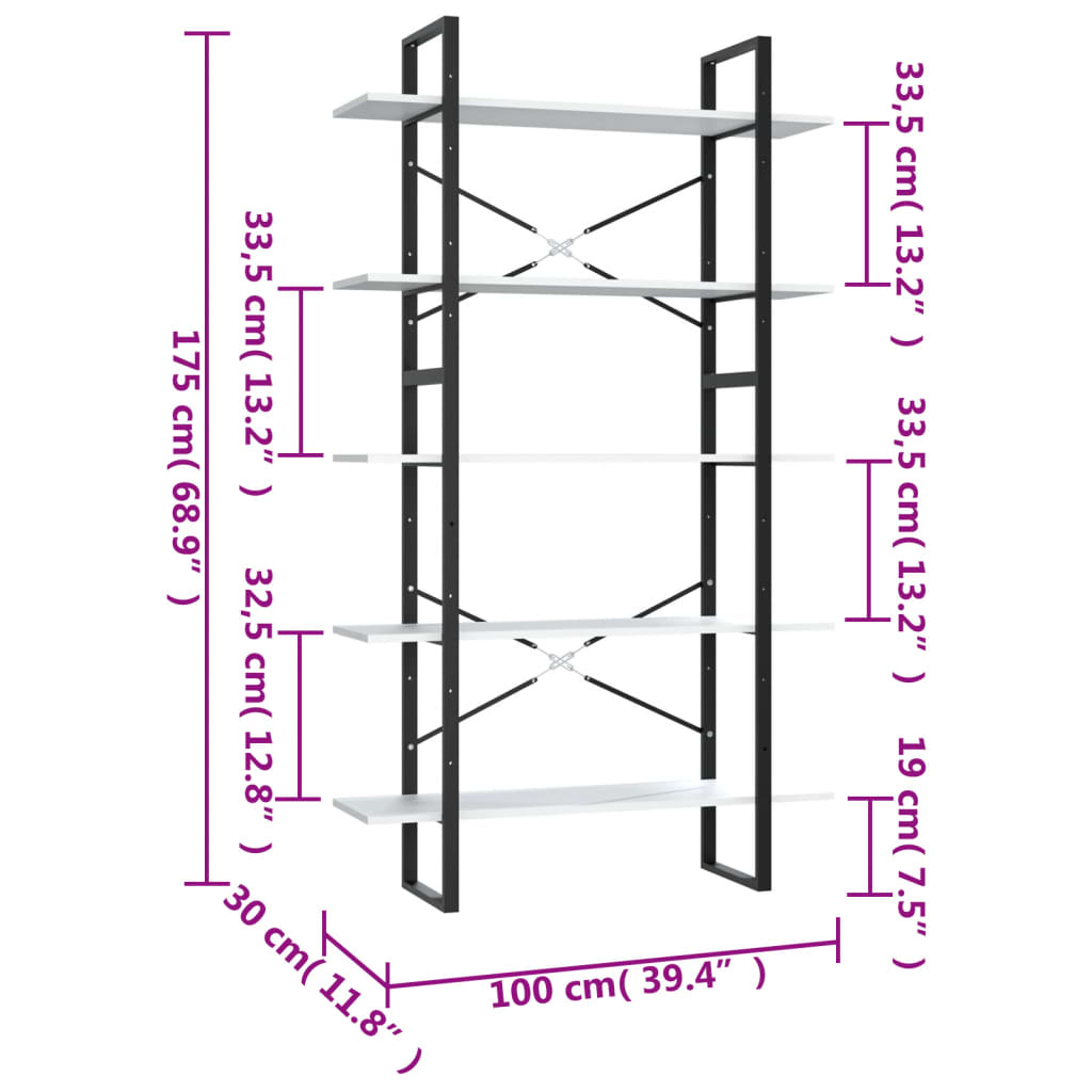 bogreol med 5 hylder 100x30x175 cm konstrueret træ hvid