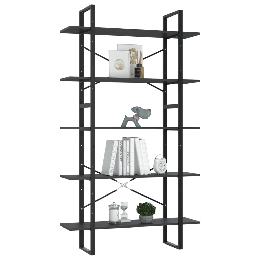 bogreol med 5 hylder 100x30x175 cm konstrueret træ grå