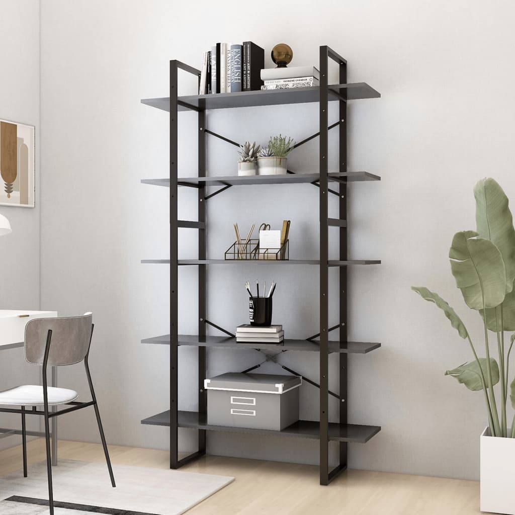 bogreol med 5 hylder 100x30x175 cm konstrueret træ grå