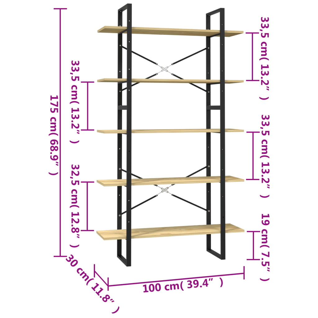 bogreol med 5 hylder 100x30x175 cm massivt fyrretræ