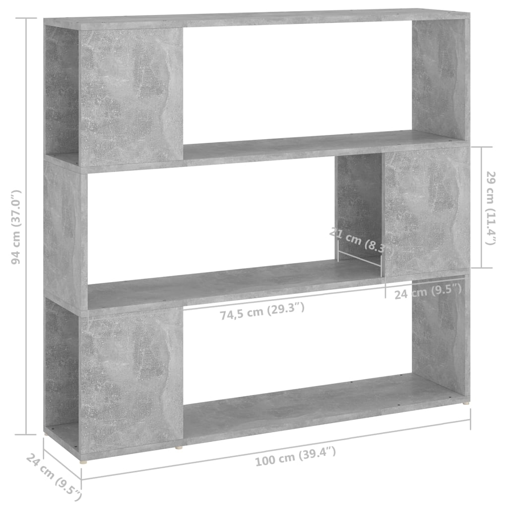 bogreol/rumdeler 100x24x94 cm konstrueret træ betongrå