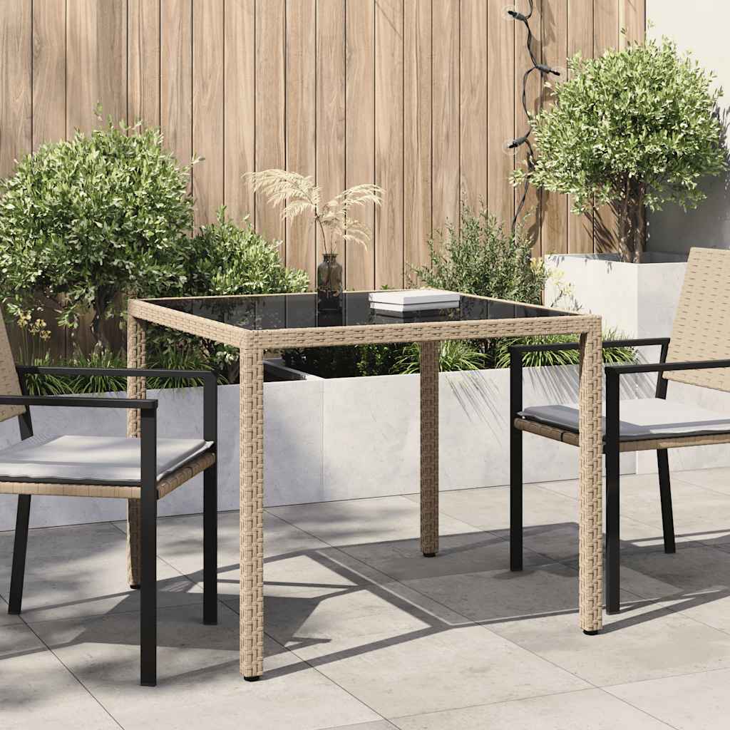 havebord 90x90x75 cm hærdet glas og polyrattan beige