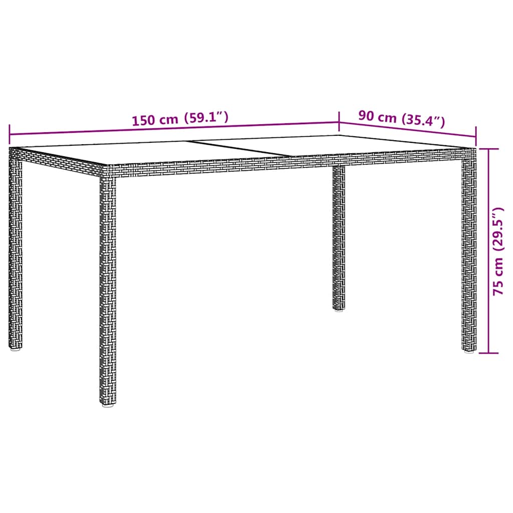 havebord 150x90x75 cm hærdet glas og polyrattan brun