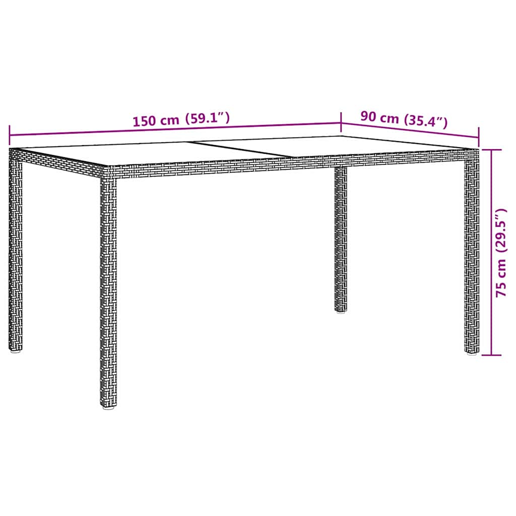 havebord 150x90x75 cm hærdet glas og polyrattan beige