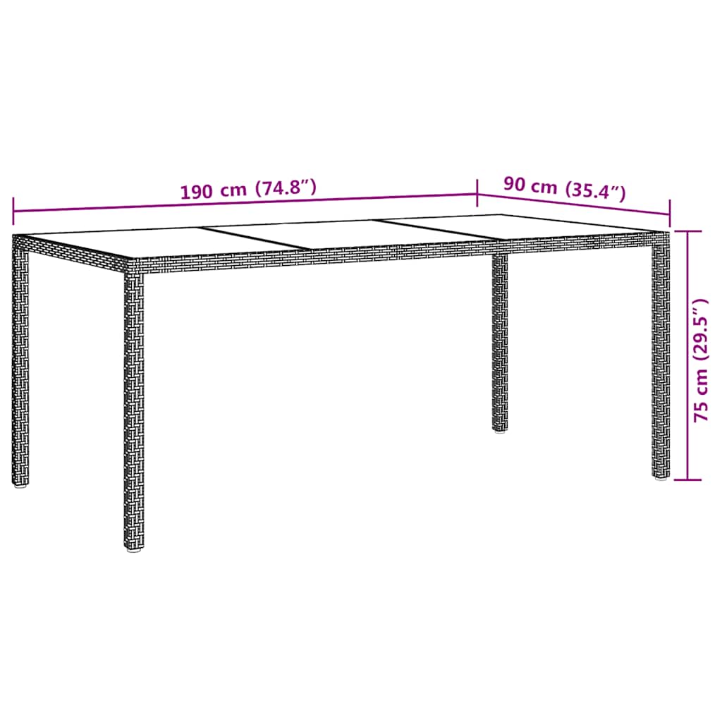 havebord 190x90x75 cm hærdet glas og polyrattan brun