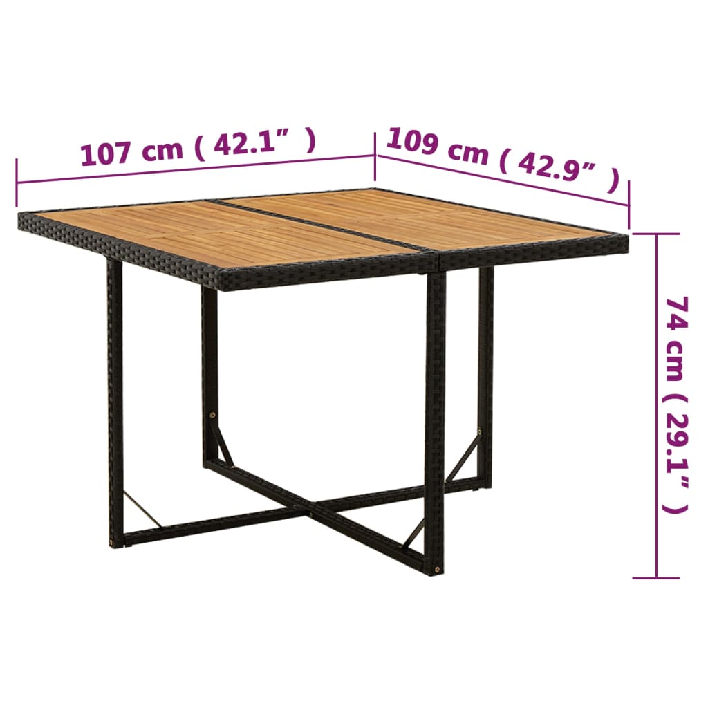 havebord 109x107x74 cm polyrattan og massivt akacietræ sort