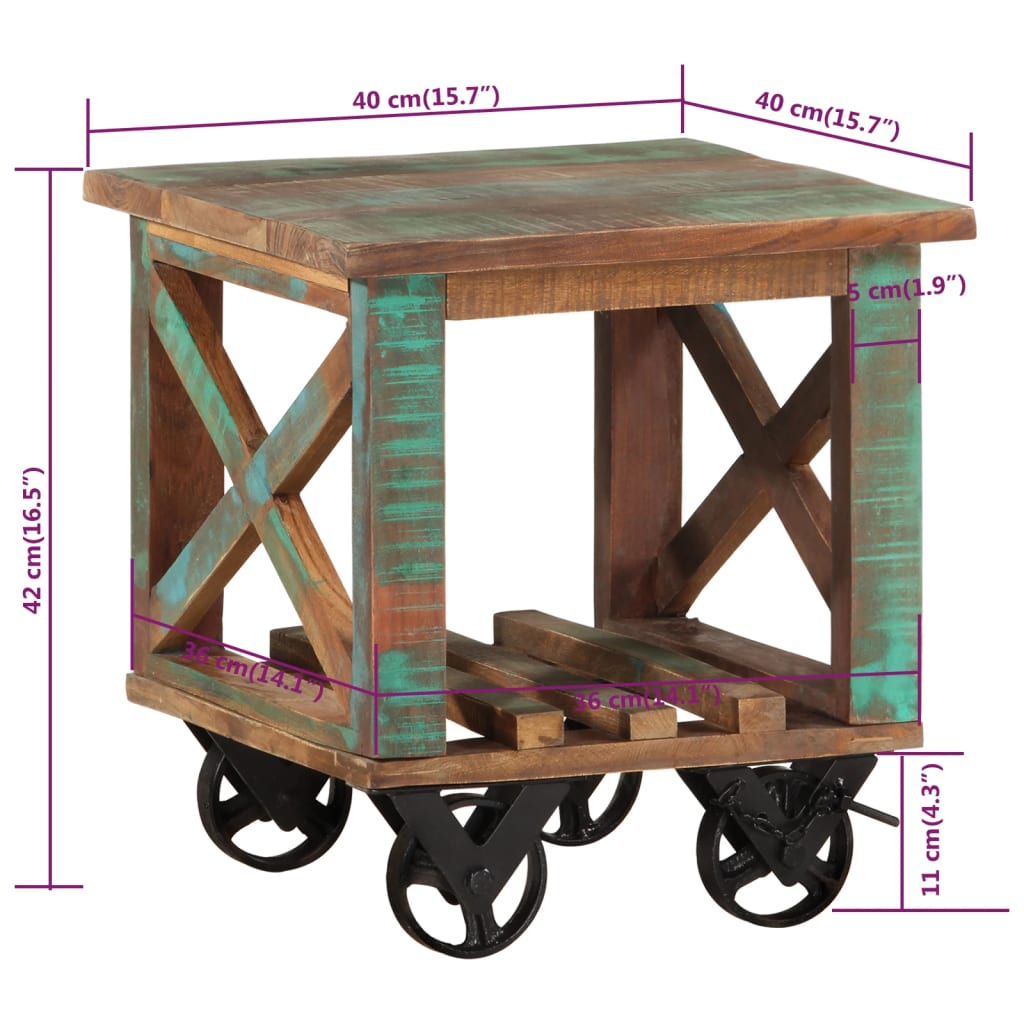 sidebord med hjul 40x40x42 cm massivt genbrugstræ