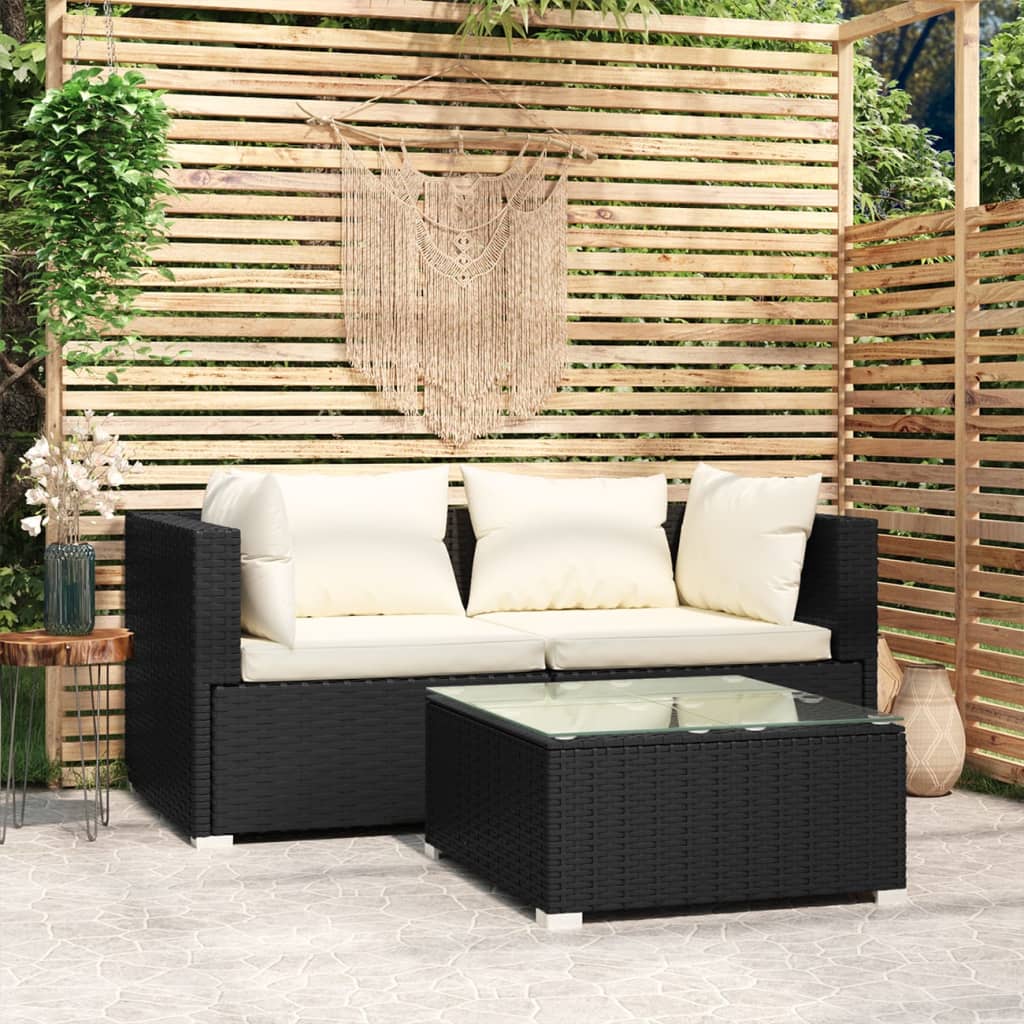 loungesæt til haven 3 dele med hynder polyrattan sort