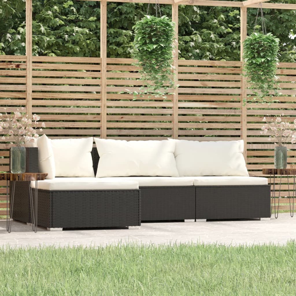 loungesæt til haven 4 dele med hynder polyrattan sort