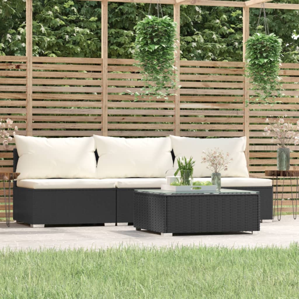 loungesæt til haven 4 dele med hynder polyrattan sort