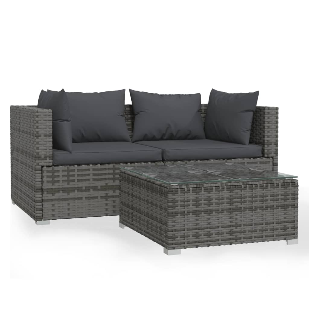 loungesæt til haven 3 dele med hynder polyrattan grå