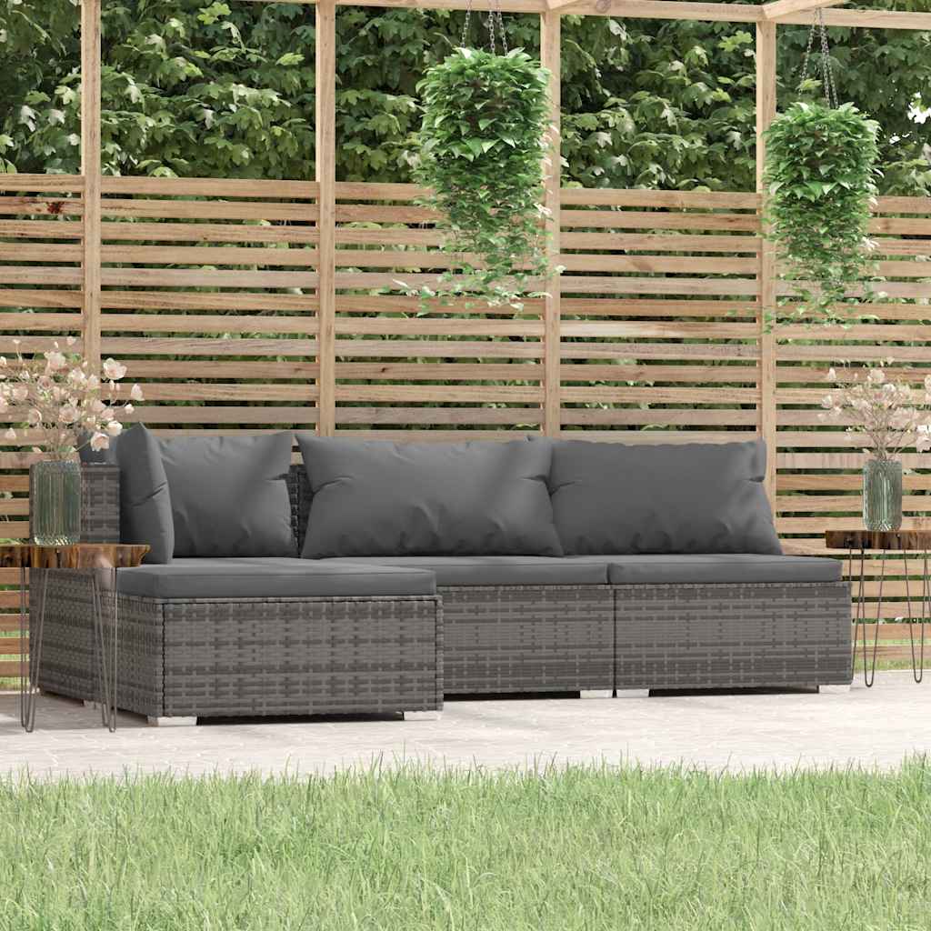 loungesæt til haven 4 dele med hynder polyrattan grå