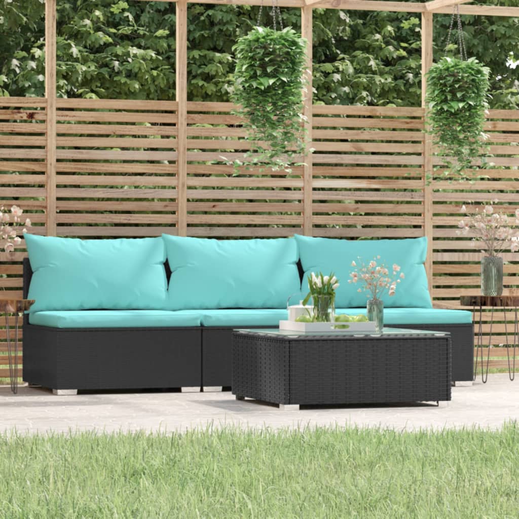 loungesæt til haven 4 dele med hynder polyrattan sort