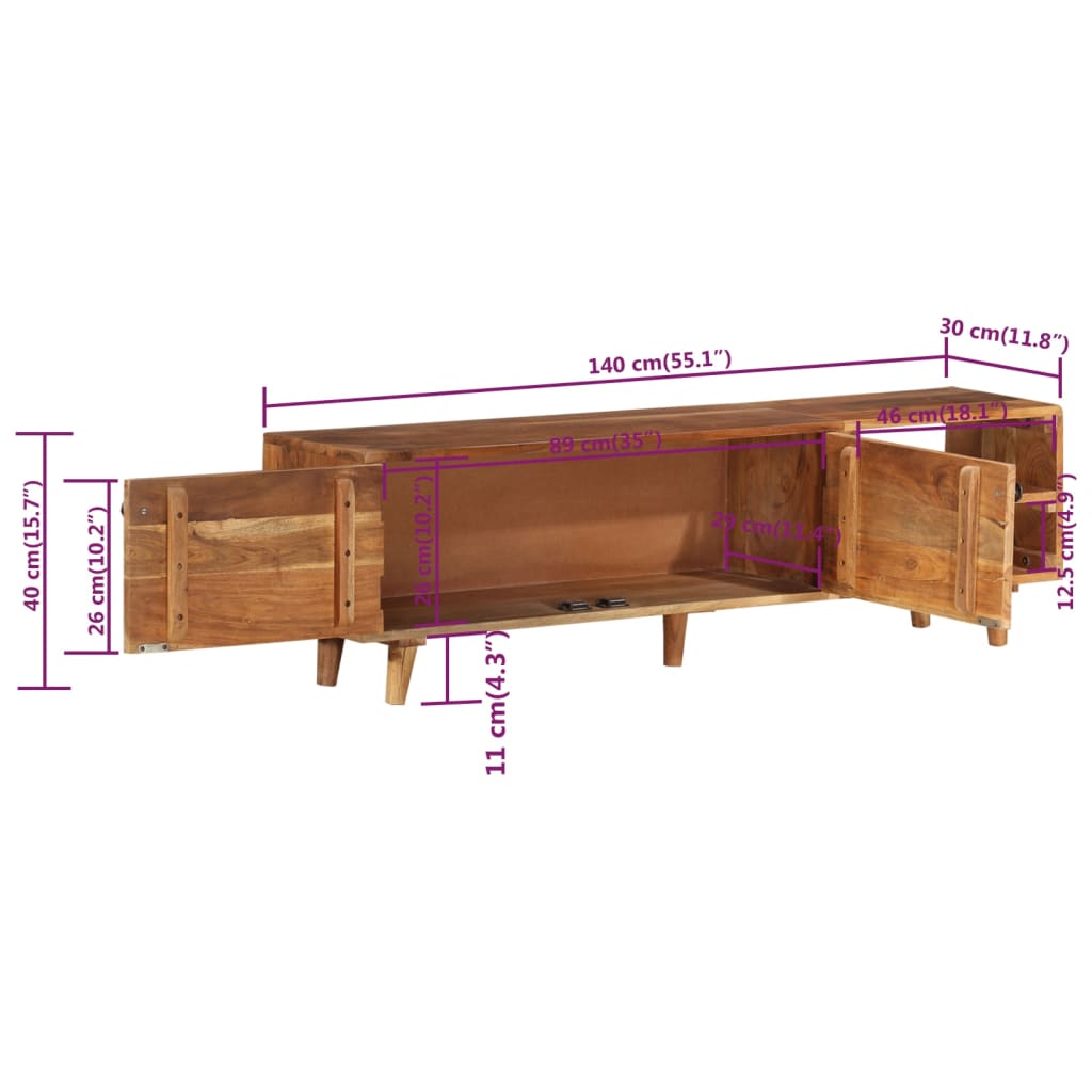 tv-bord 140x30x40 cm massivt akacietræ med honningfinish