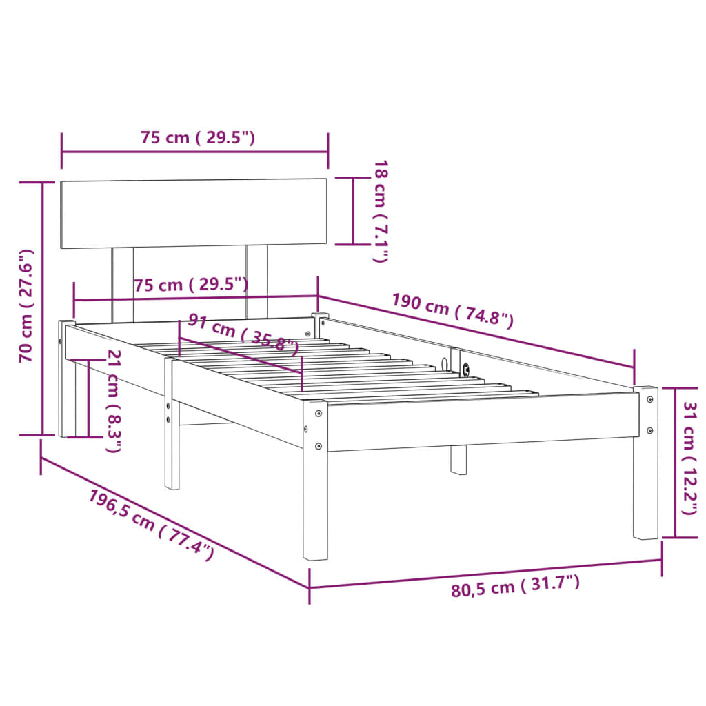 sengeramme 75x190 cm Small Single massivt træ hvid