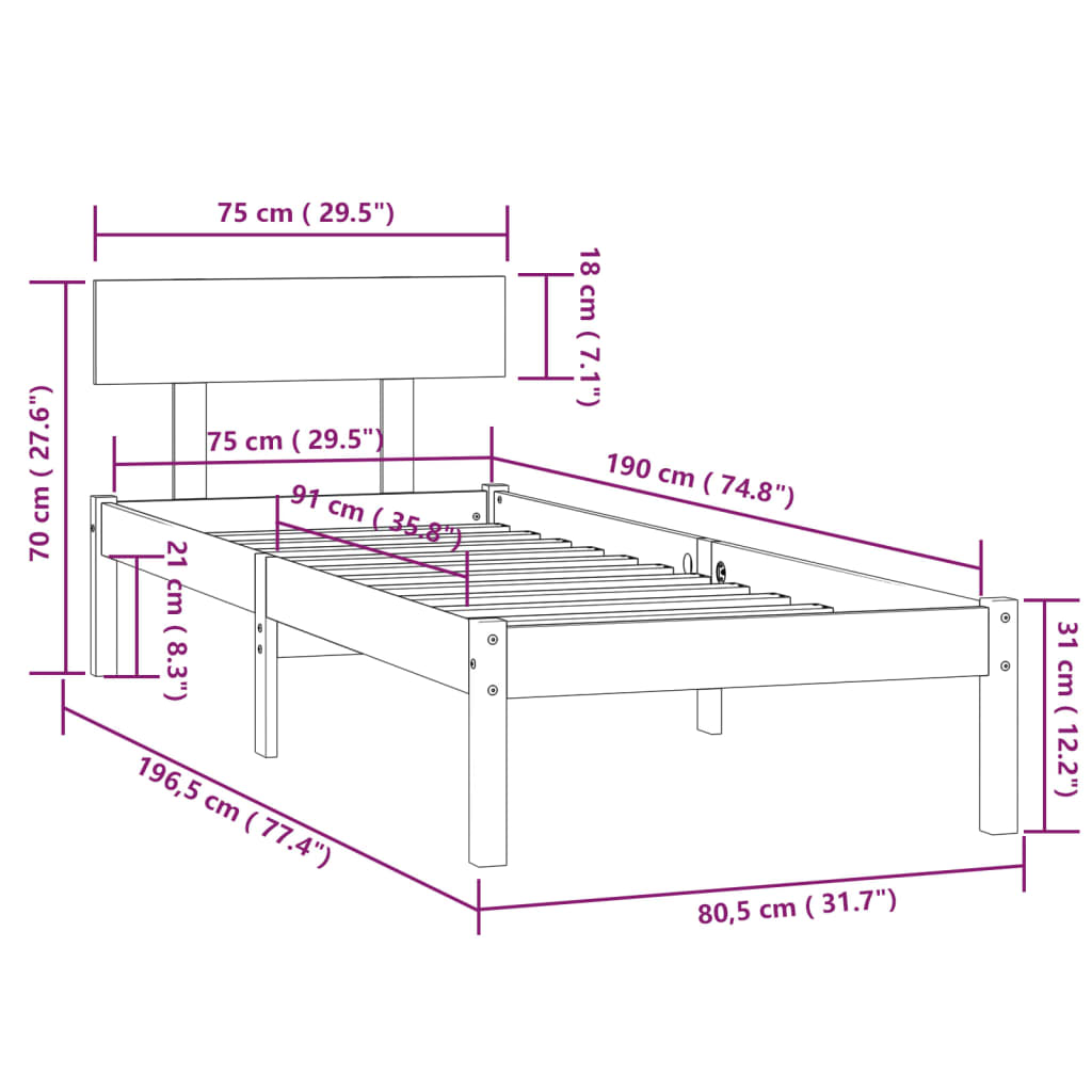 sengeramme 75x190 cm Small Single massivt træ sort